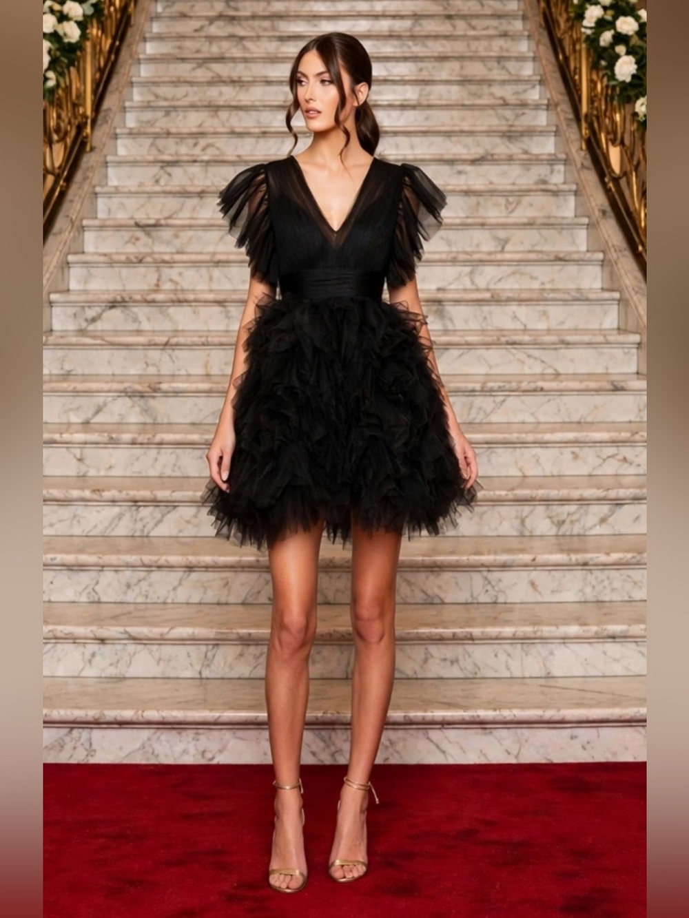 MAC DUGGAL 20505 Elegant Black Tulle V-Neck Party mini Dress size 12 NWT